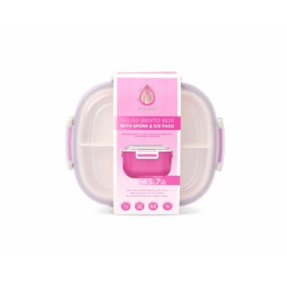 Salad Bento Box Container 4-Compartment Tray with‎ Spork & Ice Pack Pink